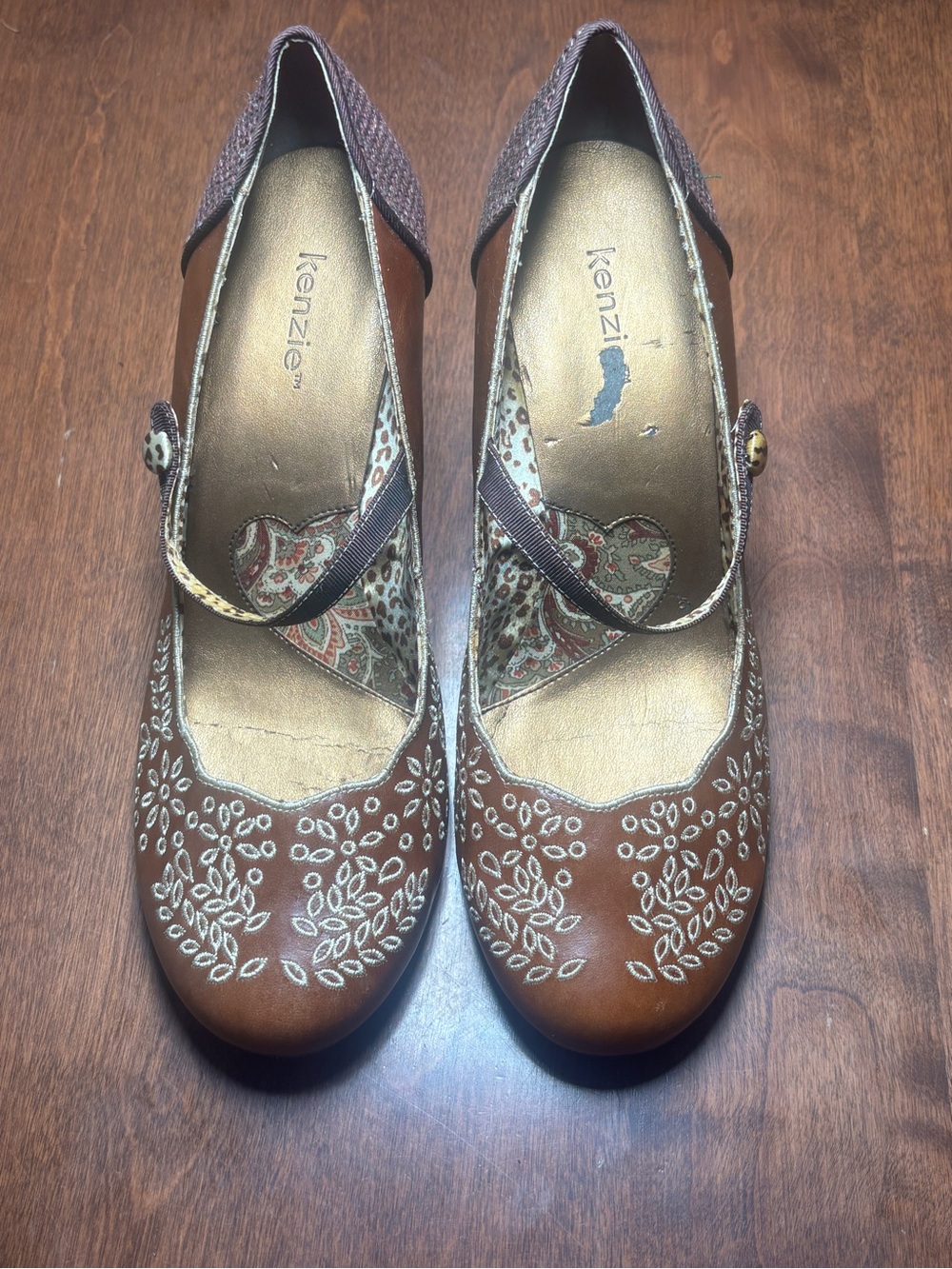 Kenzie Brown Embroidered Mary Jane Flats with Strap